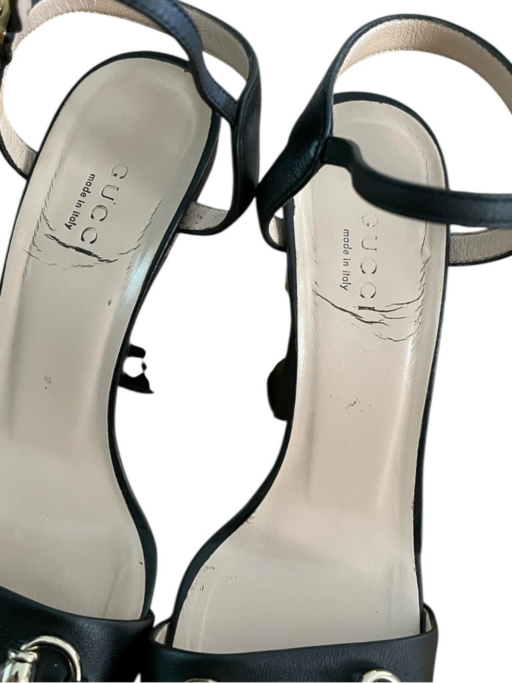 Gucci Women’s Black Leather Upper Horsebit Peep Toe Block Sandal Heels Size 37.5 - Picture 9 of 11
